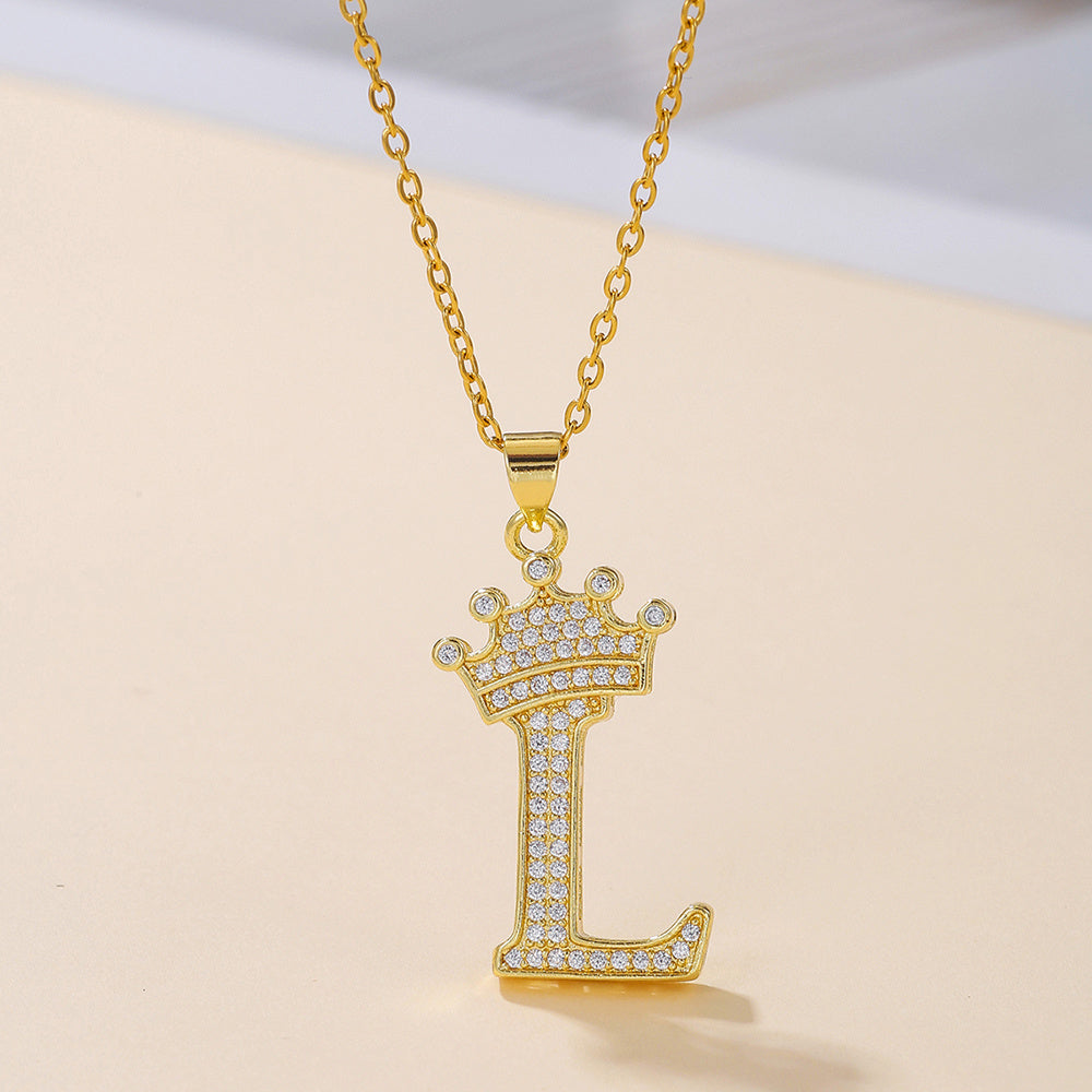Gold Diamond Crown Uppercase Letter Pendant Necklace