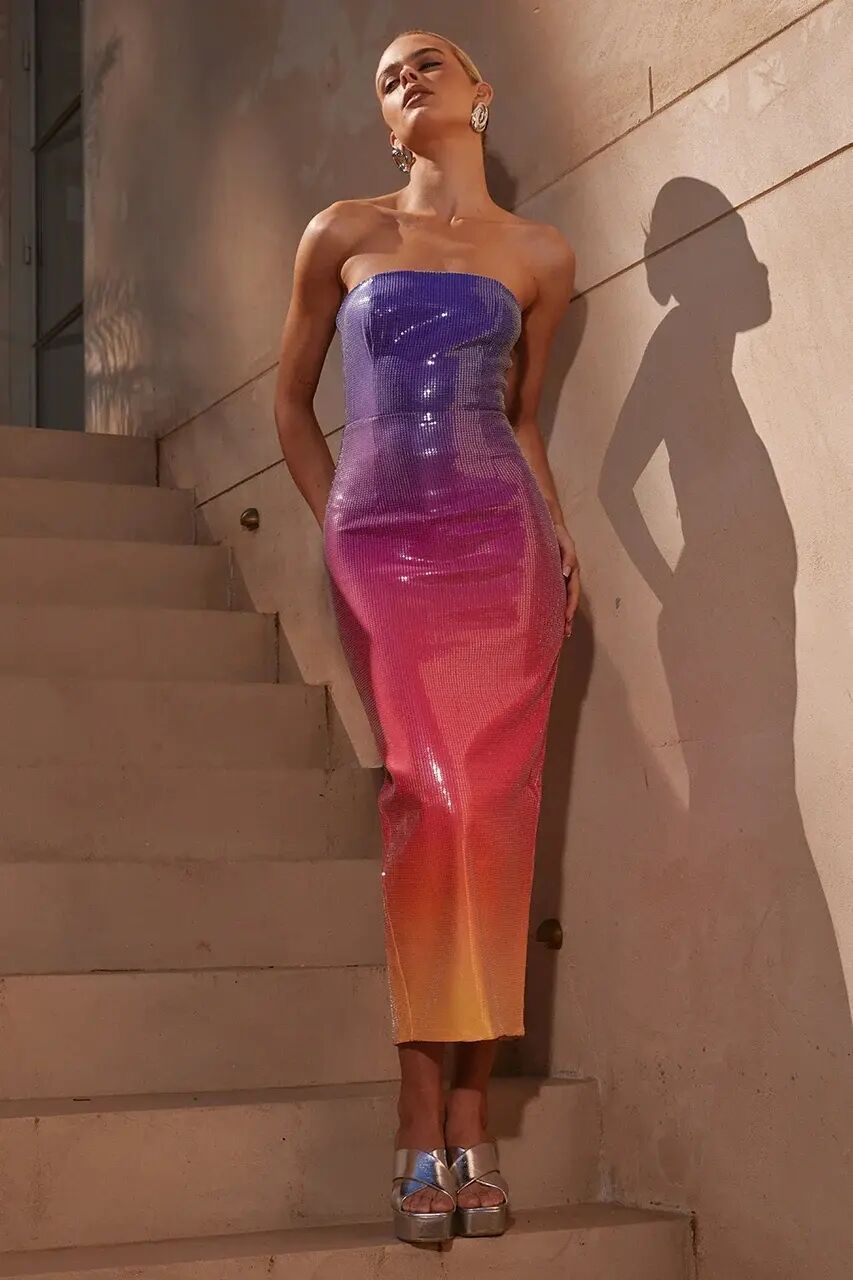 Tube Top High Waist Gradient Color Dress
