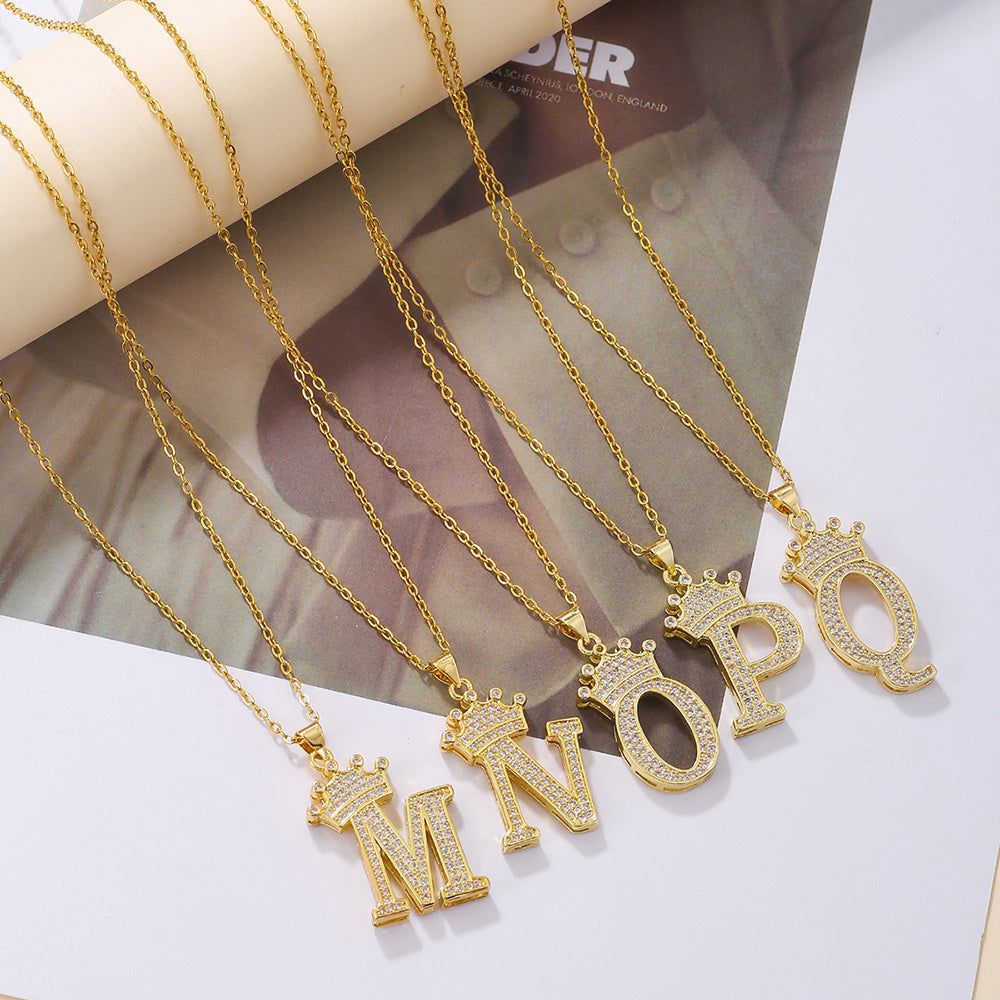 Gold Diamond Crown Uppercase Letter Pendant Necklace
