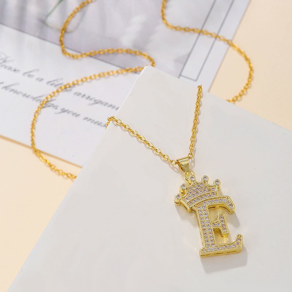 Gold Diamond Crown Uppercase Letter Pendant Necklace