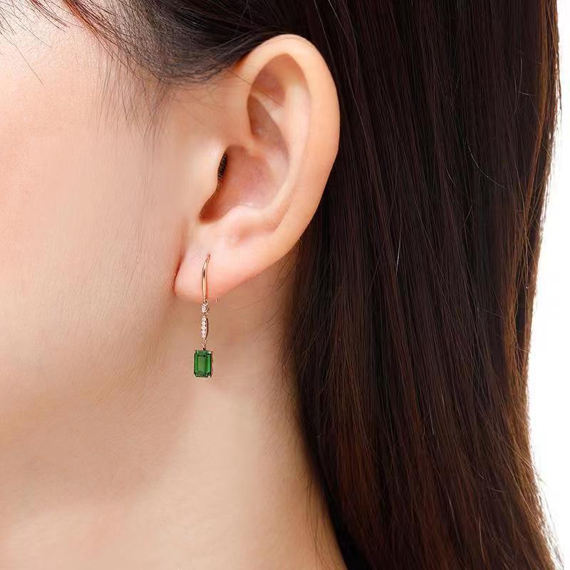 Natural Green Tourmaline Earrings Women's Gem Square Cute