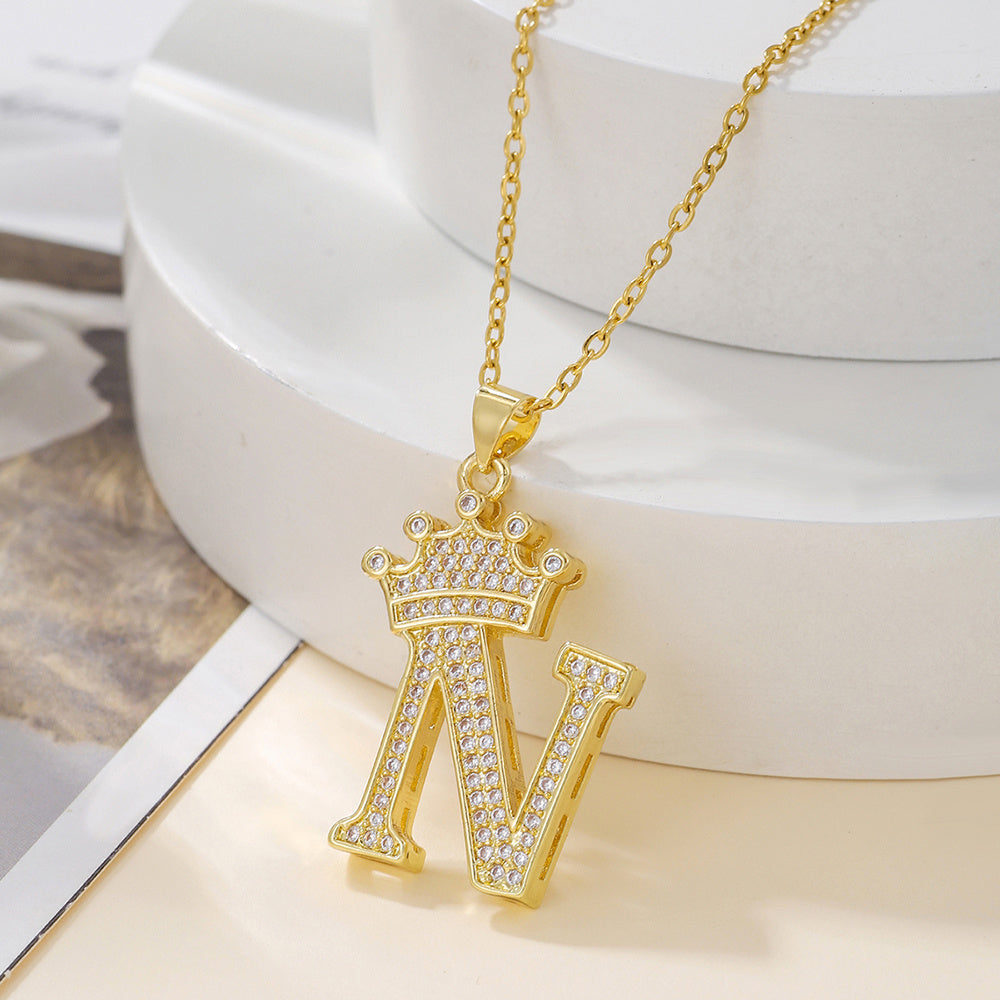 Gold Diamond Crown Uppercase Letter Pendant Necklace
