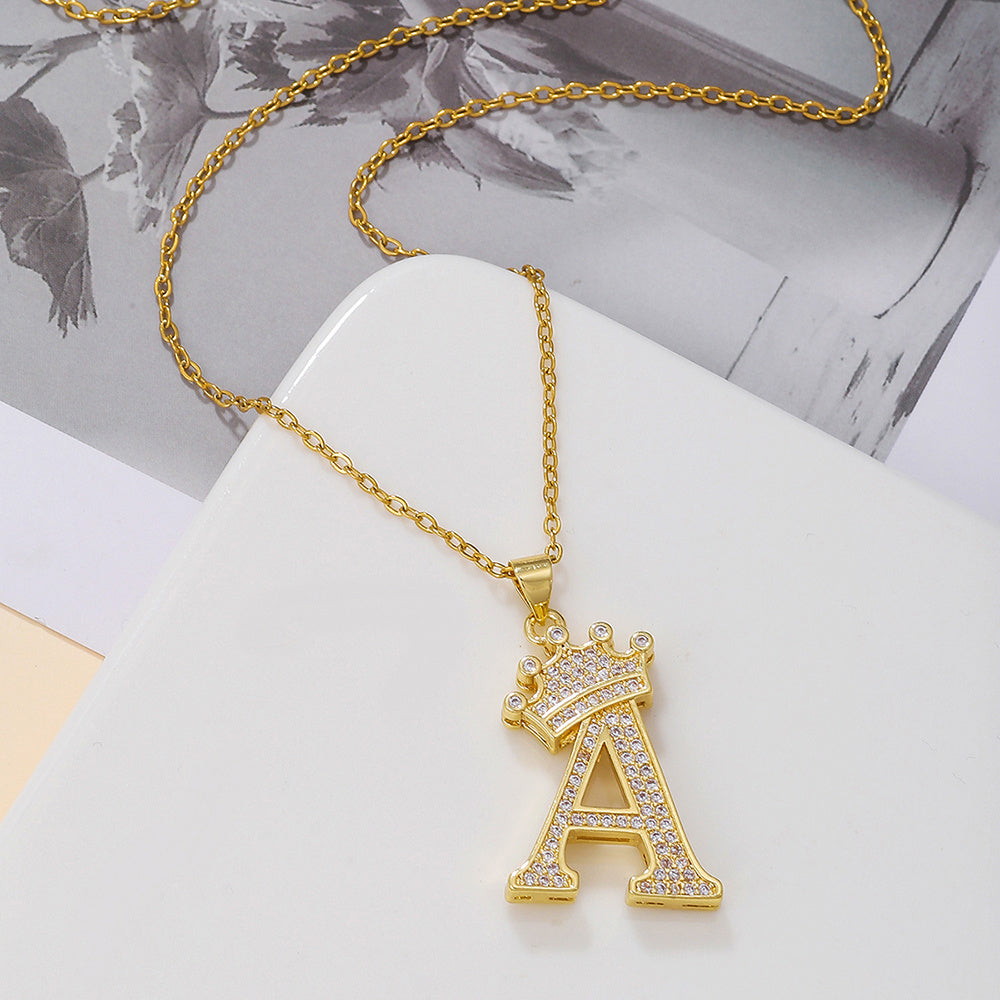Gold Diamond Crown Uppercase Letter Pendant Necklace