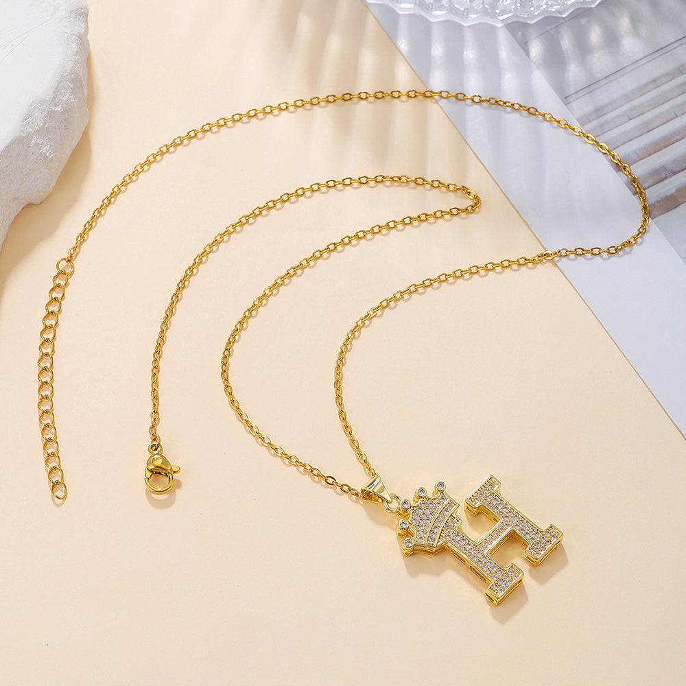 Gold Diamond Crown Uppercase Letter Pendant Necklace