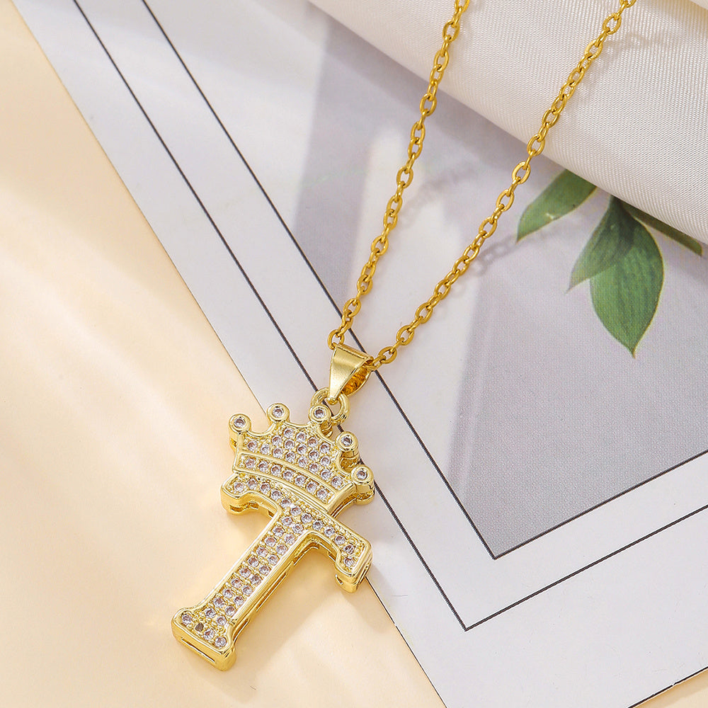 Gold Diamond Crown Uppercase Letter Pendant Necklace