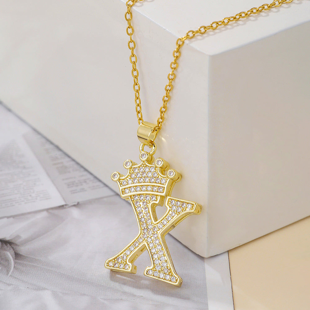 Gold Diamond Crown Uppercase Letter Pendant Necklace
