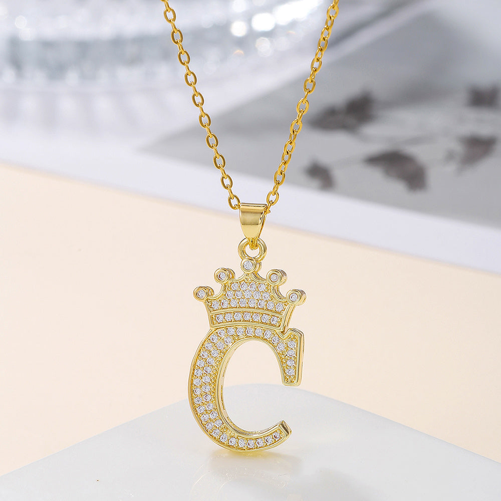 Gold Diamond Crown Uppercase Letter Pendant Necklace