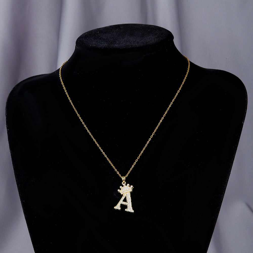 Gold Diamond Crown Uppercase Letter Pendant Necklace