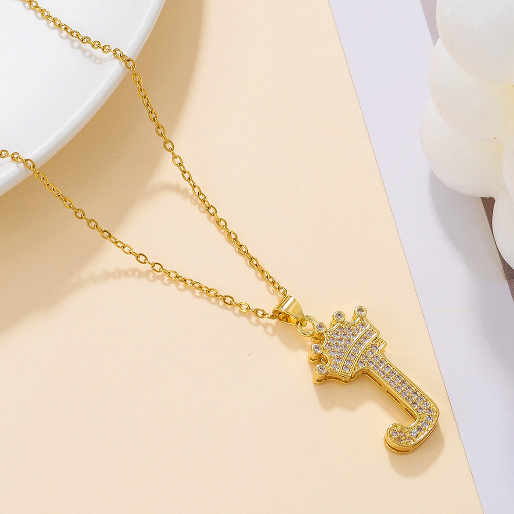 Gold Diamond Crown Uppercase Letter Pendant Necklace