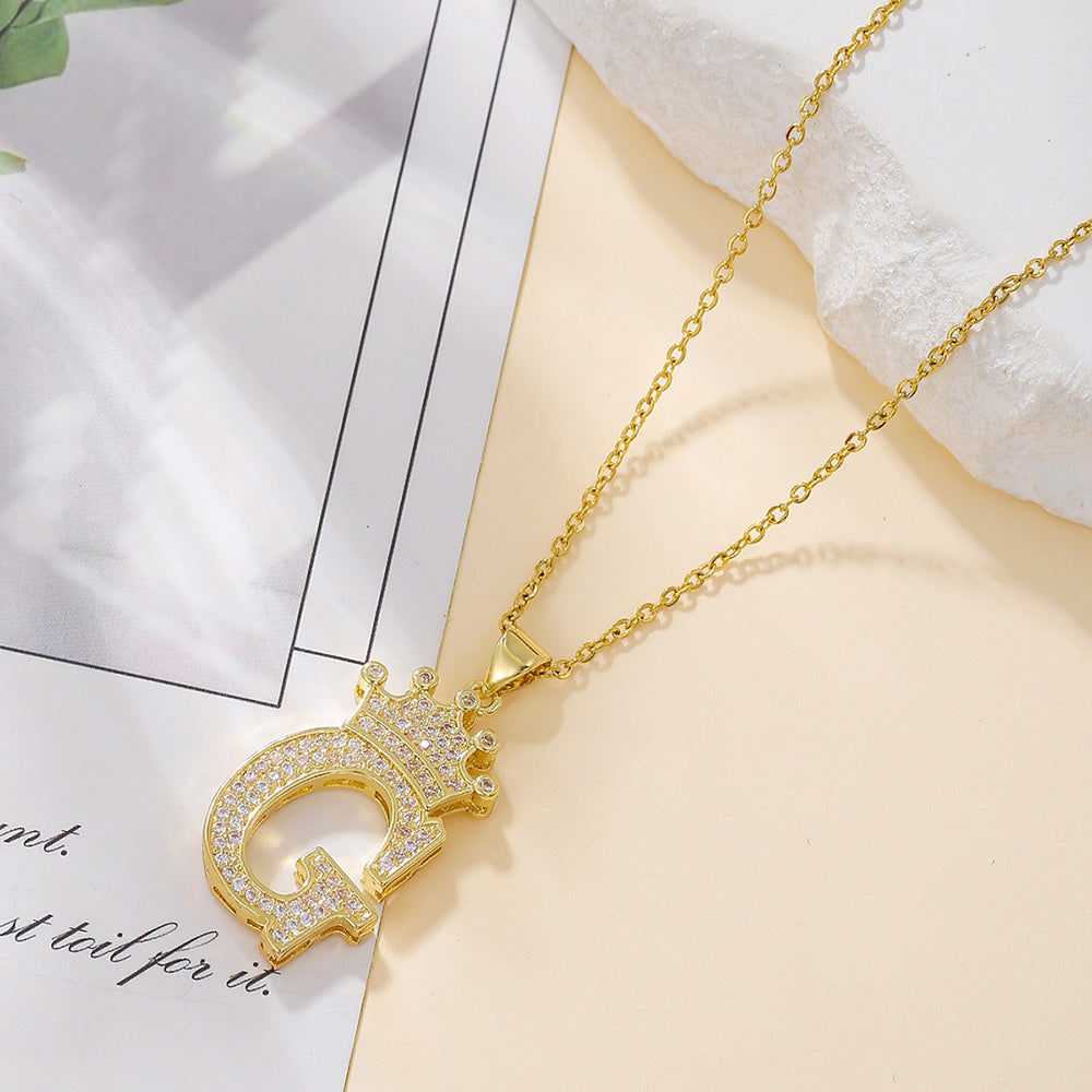 Gold Diamond Crown Uppercase Letter Pendant Necklace