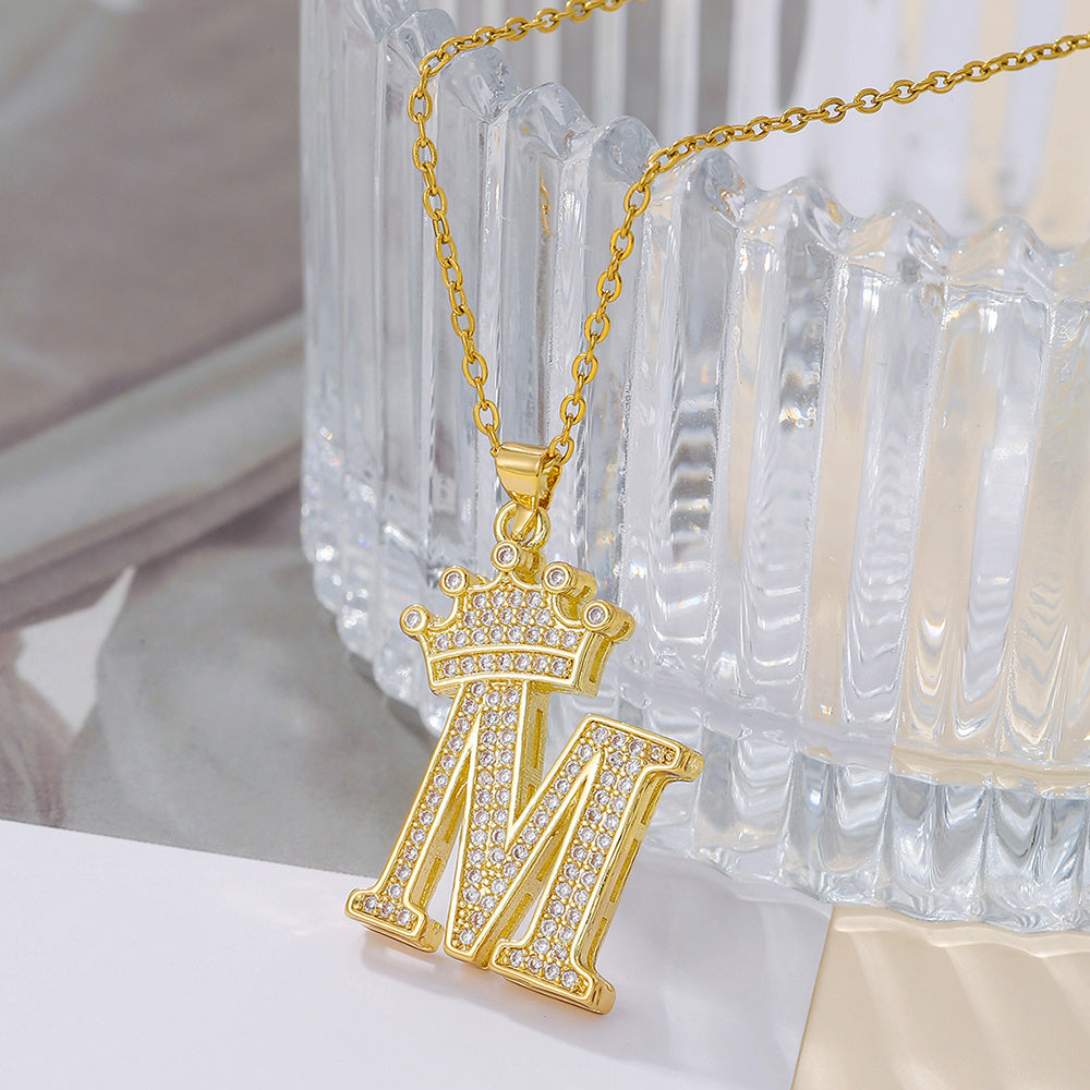 Gold Diamond Crown Uppercase Letter Pendant Necklace