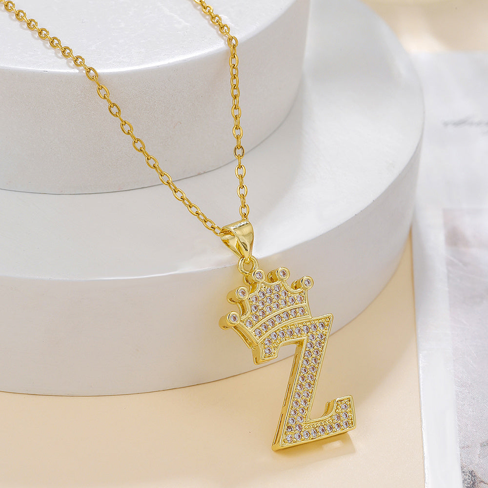 Gold Diamond Crown Uppercase Letter Pendant Necklace