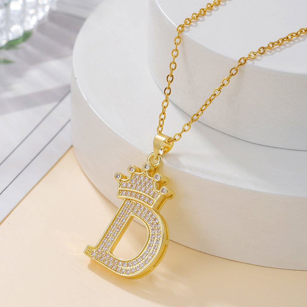 Gold Diamond Crown Uppercase Letter Pendant Necklace