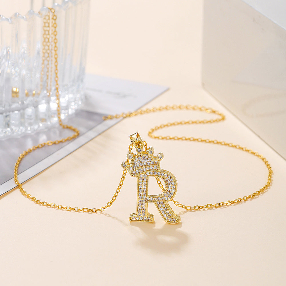 Gold Diamond Crown Uppercase Letter Pendant Necklace
