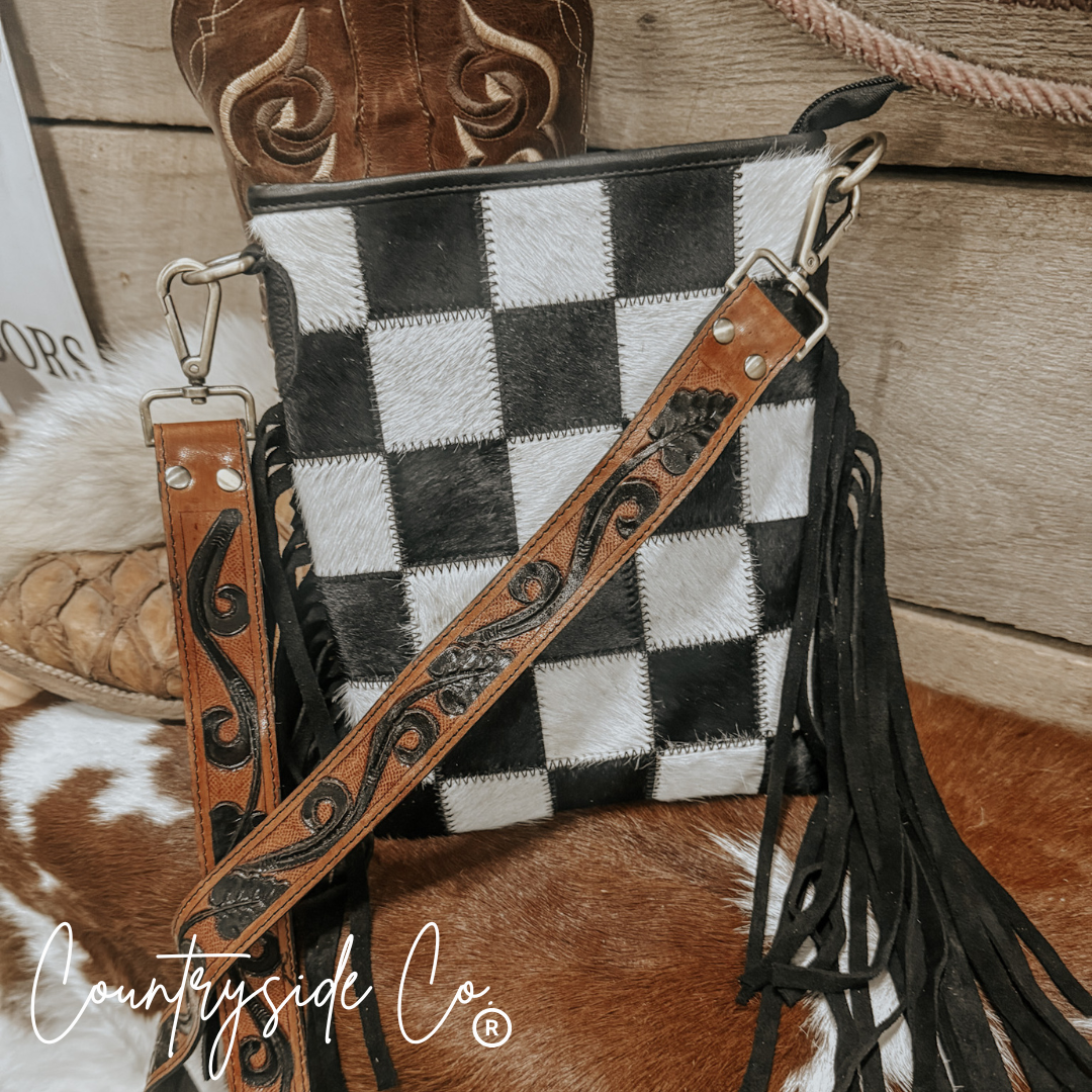 Stockyard Checkered Cowhide Fringe Purse