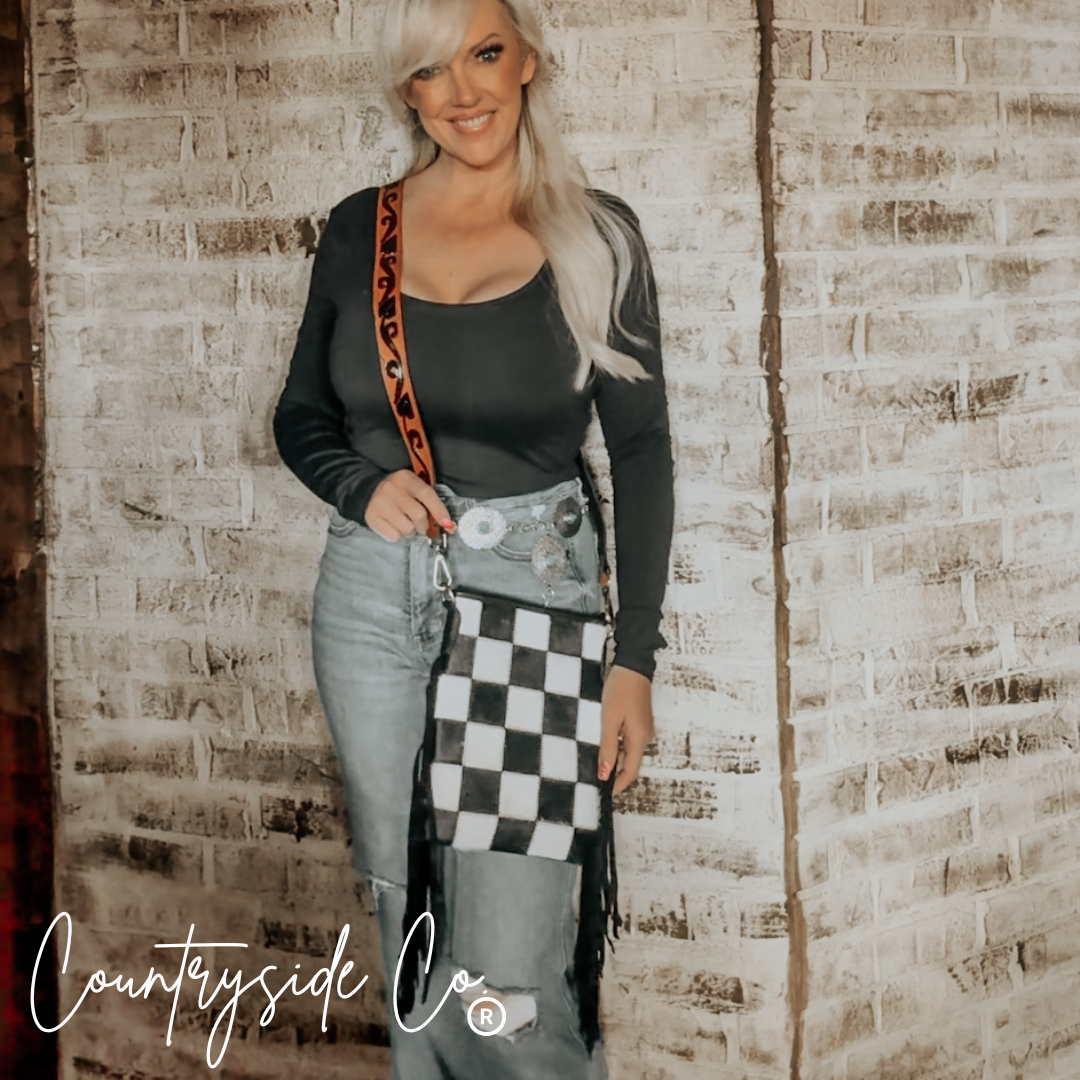 Stockyard Checkered Cowhide Fringe Purse