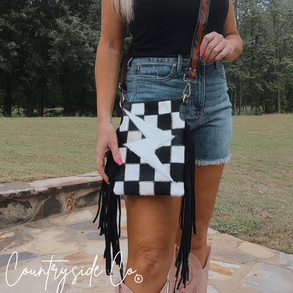 Grit and Glam Stockyards Cowhide Checkered Purse