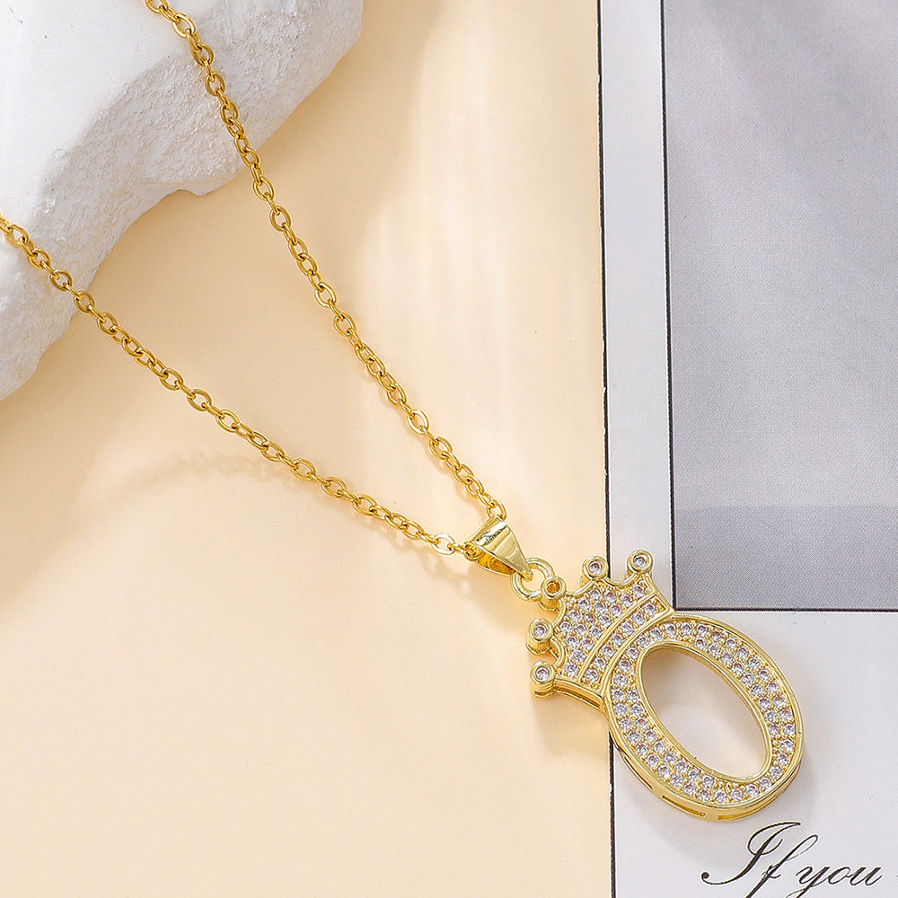 Gold Diamond Crown Uppercase Letter Pendant Necklace