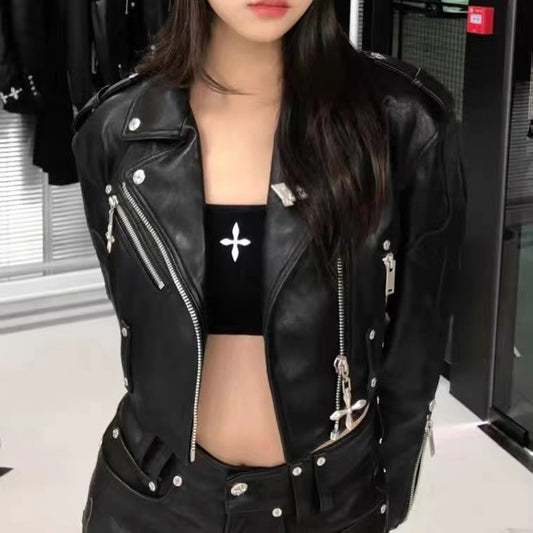 Biker Studded Cross Faux Cropped Leather Jacket