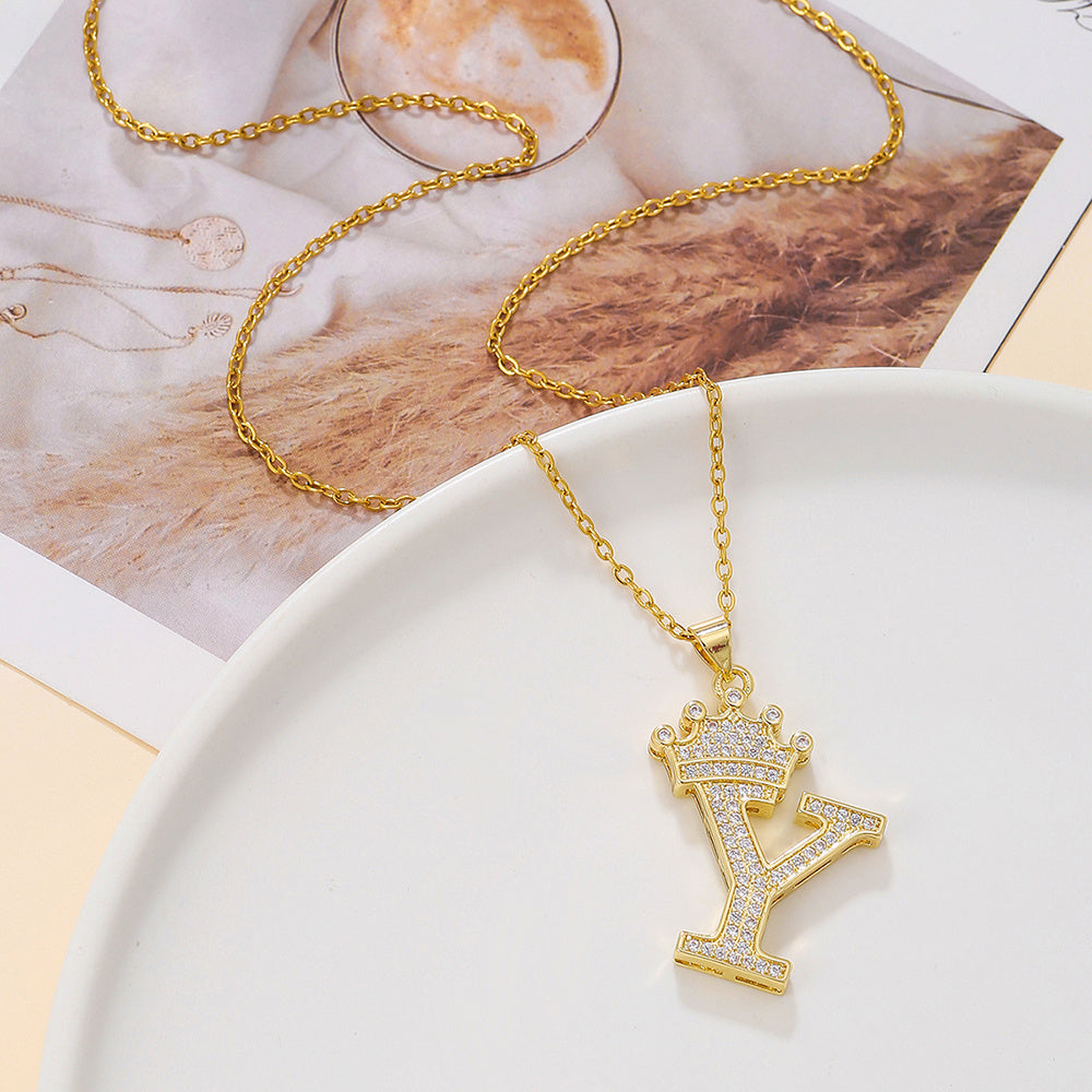 Gold Diamond Crown Uppercase Letter Pendant Necklace