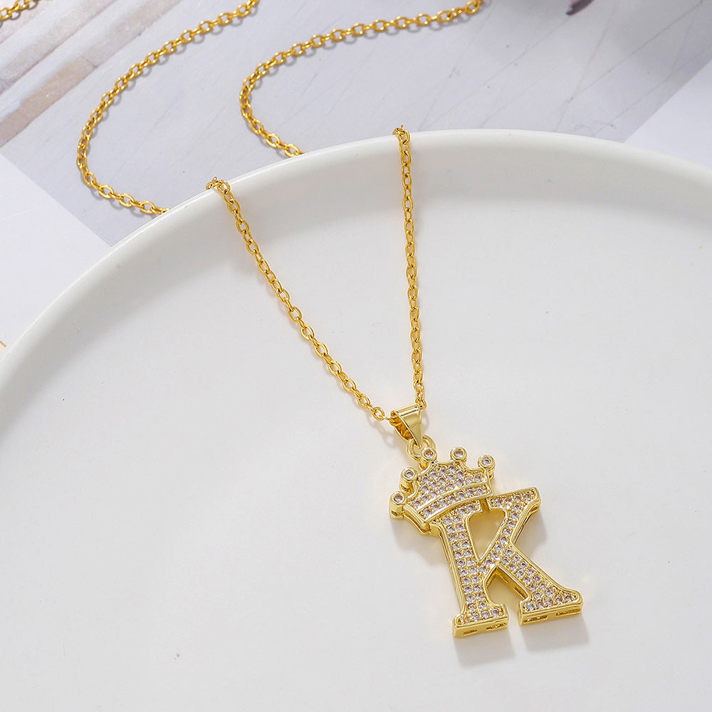Gold Diamond Crown Uppercase Letter Pendant Necklace