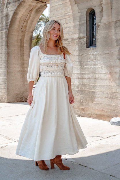 Angelica Natural Ruched Midi Dress