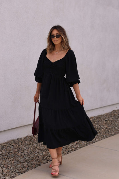 Autumn Nights Black Tiered Midi Dress