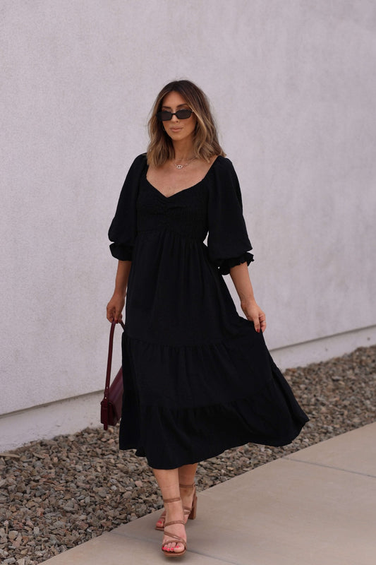 Autumn Nights Black Tiered Midi Dress