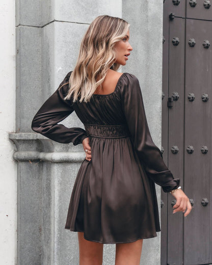 Autumn Soiree V Neck Mini Dress - Dark Brown