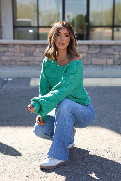 Avery Ribbed Boat Neck Sweater - Green