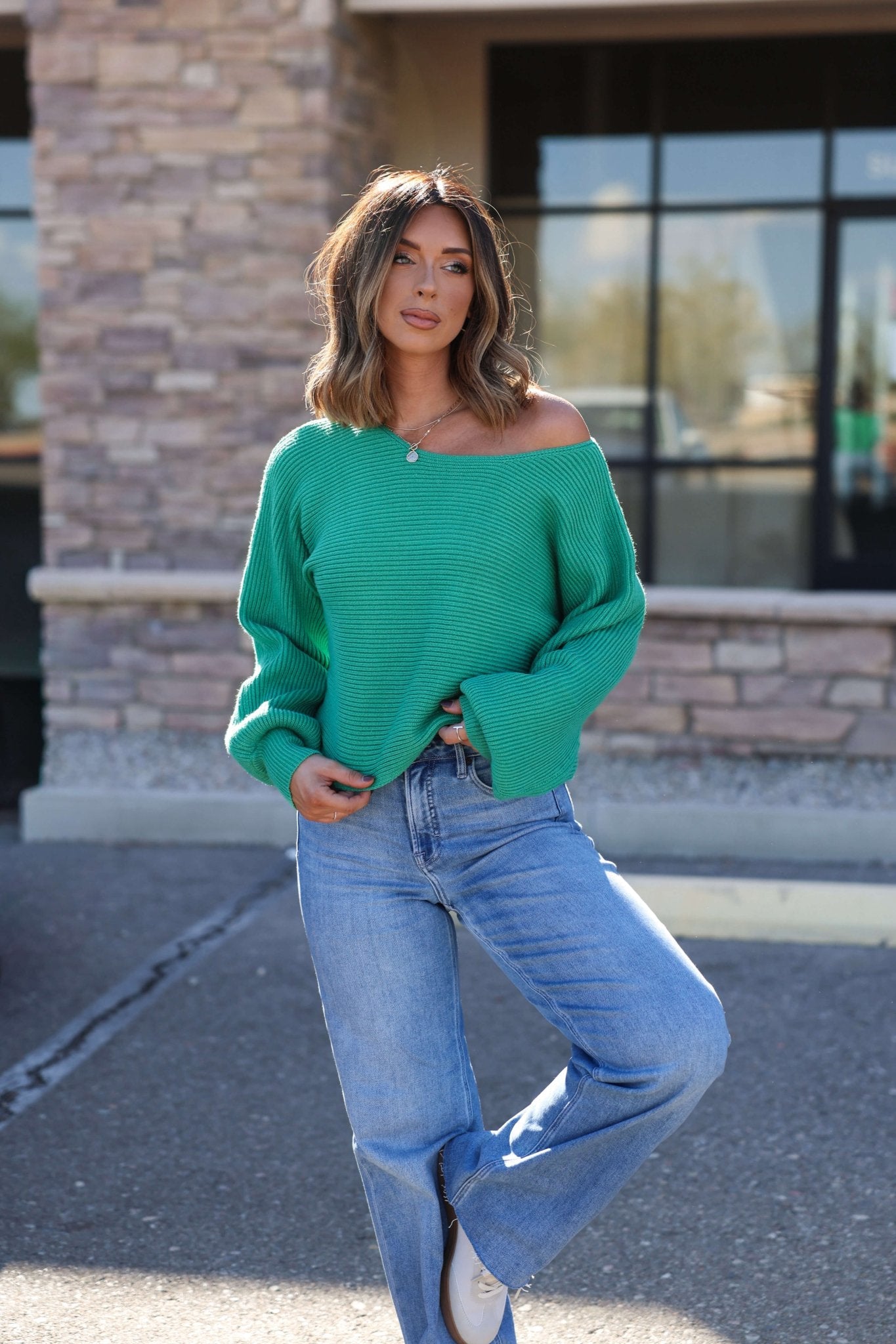 Avery Ribbed Boat Neck Sweater - Green