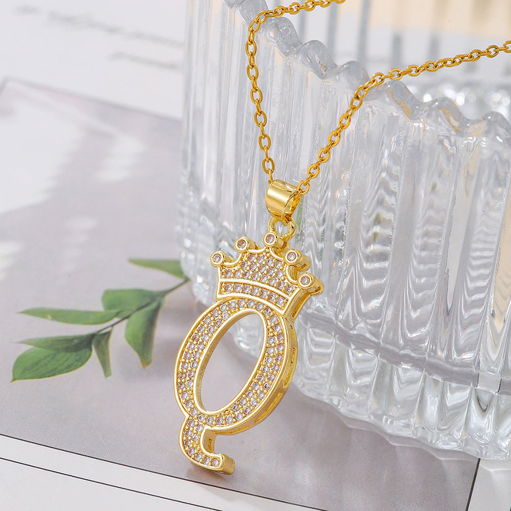 Gold Diamond Crown Uppercase Letter Pendant Necklace