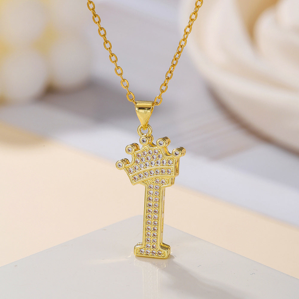 Gold Diamond Crown Uppercase Letter Pendant Necklace