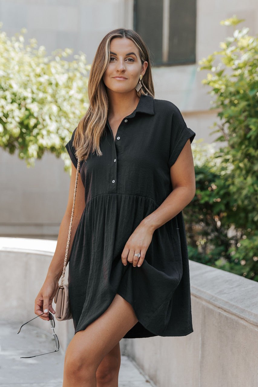 Back To Summer Black Button Up Mini Dress– Casual Chic Women’s Dress