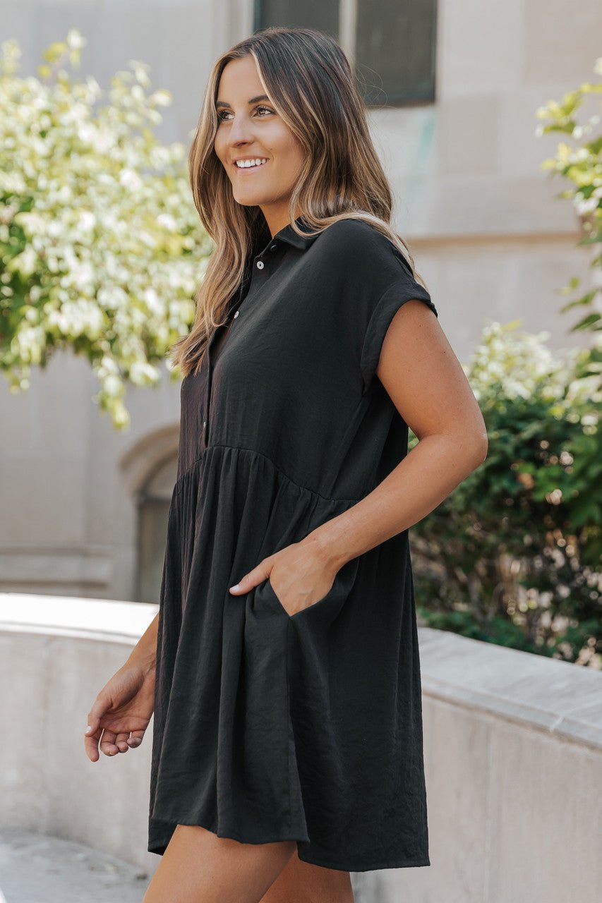 Back To Summer Black Button Up Mini Dress– Casual Chic Women’s Dress