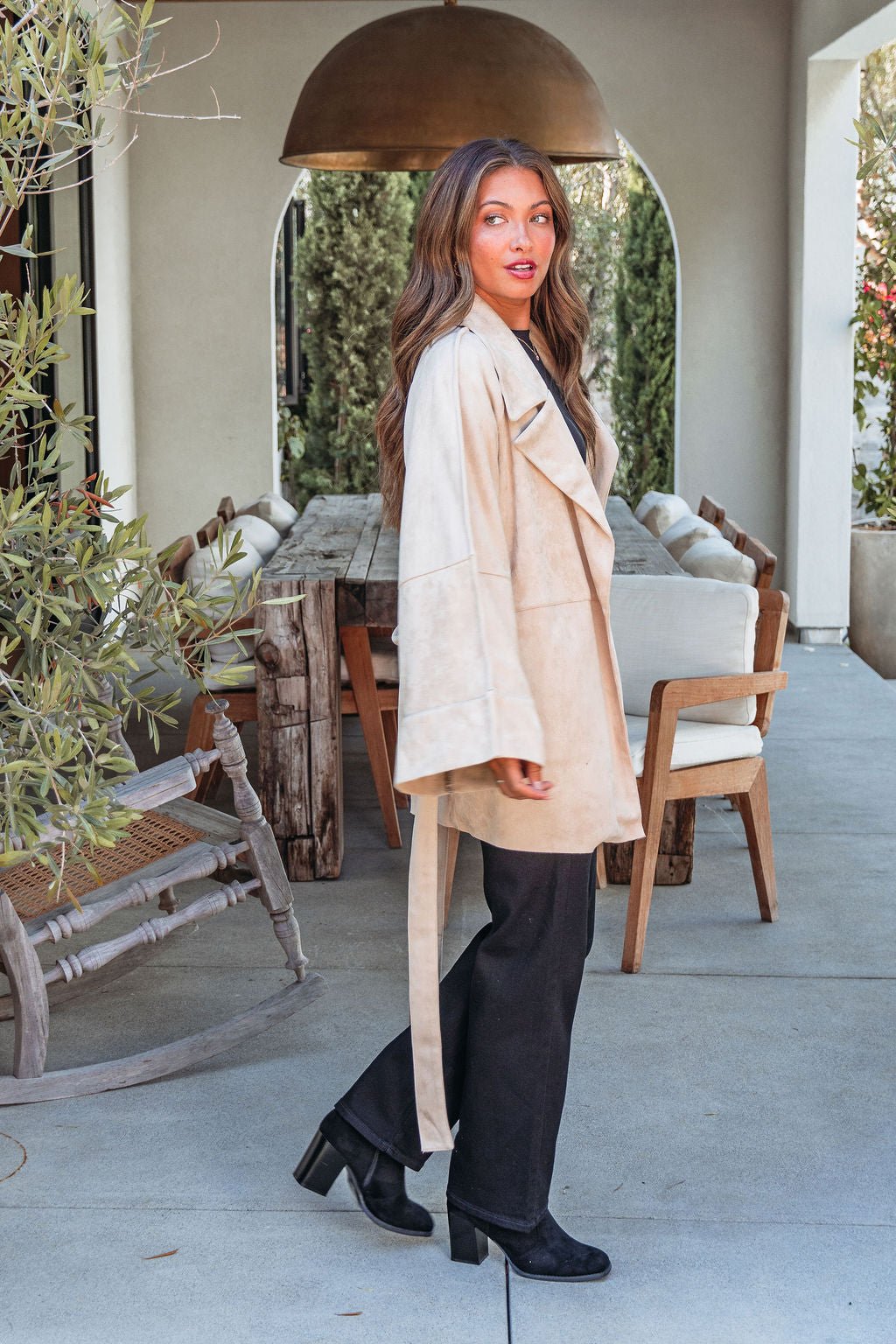 Beige Faux Suede Belted Coat– Women’s Elegant Longline Outerwear
