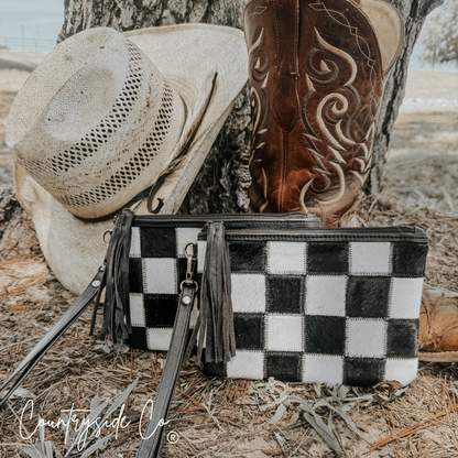Stockyard Checkered Cowhide Wristlet