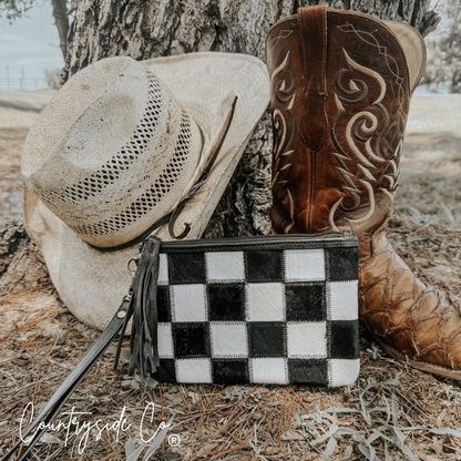 Stockyard Checkered Cowhide Wristlet