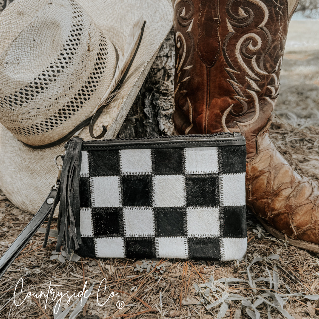 Stockyard Checkered Cowhide Wristlet