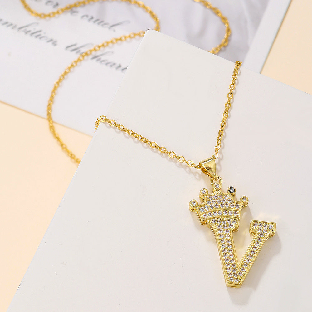 Gold Diamond Crown Uppercase Letter Pendant Necklace