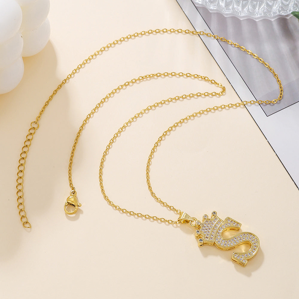 Gold Diamond Crown Uppercase Letter Pendant Necklace