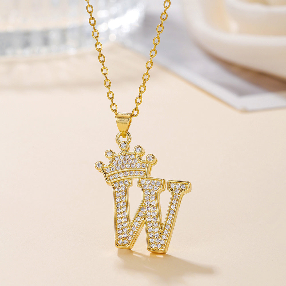 Gold Diamond Crown Uppercase Letter Pendant Necklace