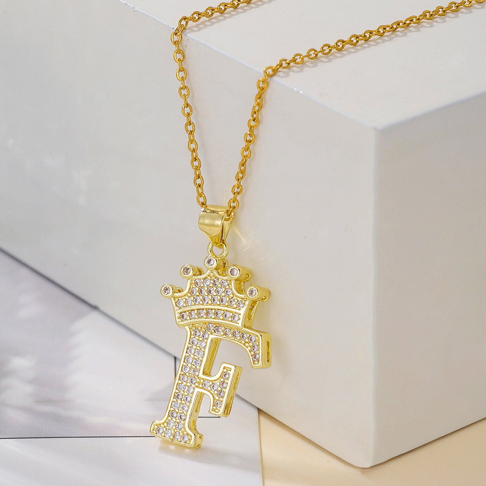 Gold Diamond Crown Uppercase Letter Pendant Necklace