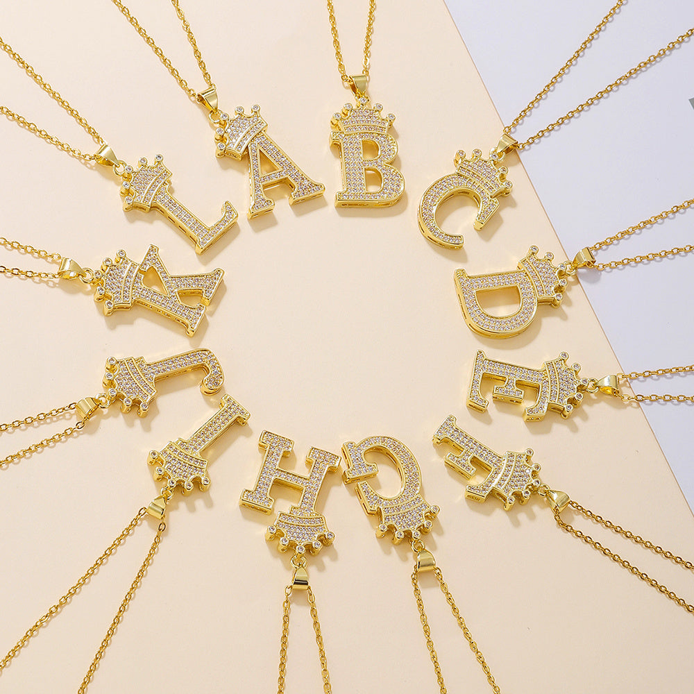 Gold Diamond Crown Uppercase Letter Pendant Necklace
