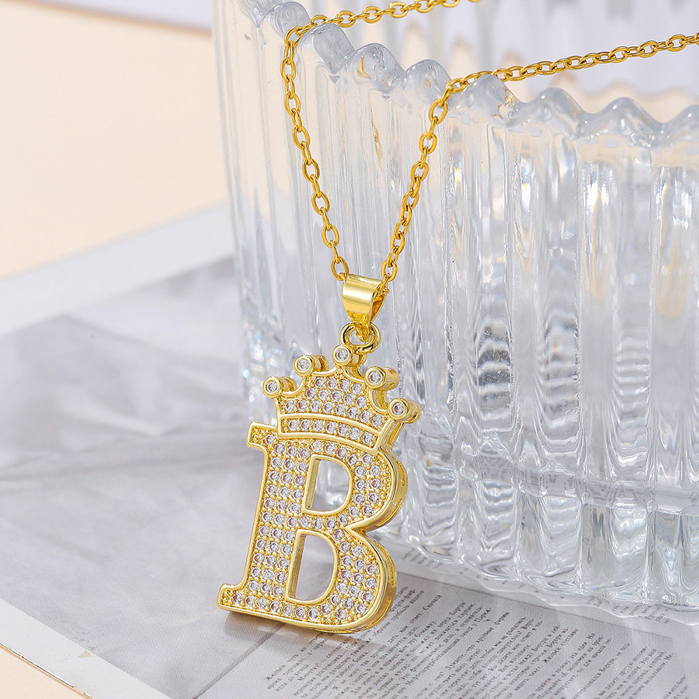 Gold Diamond Crown Uppercase Letter Pendant Necklace