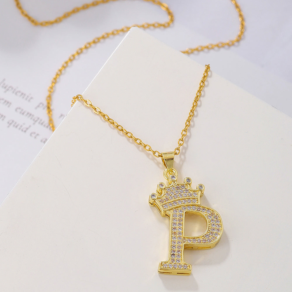 Gold Diamond Crown Uppercase Letter Pendant Necklace