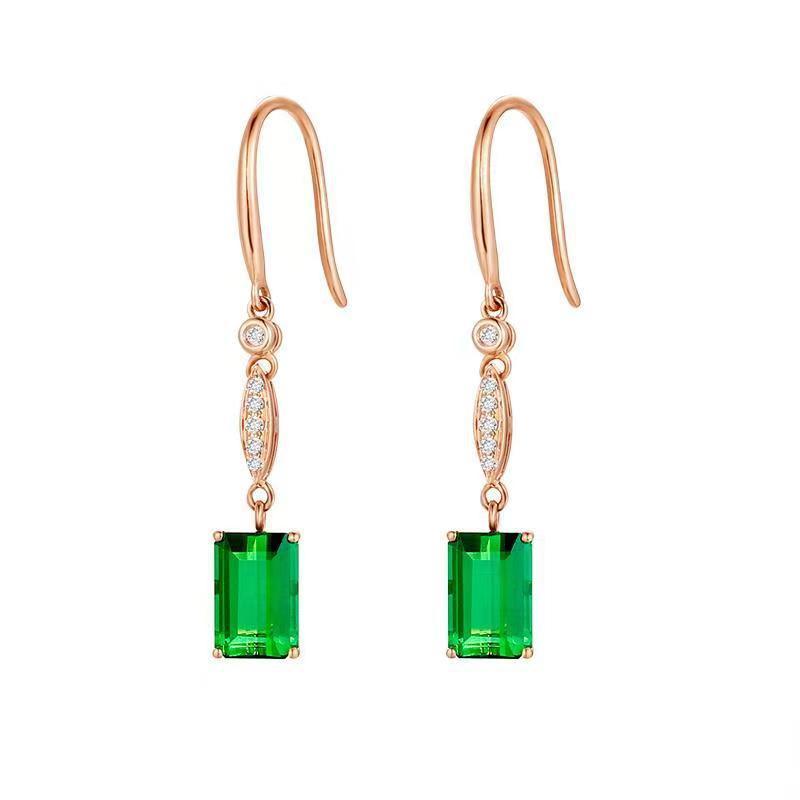 Natural Green Tourmaline Earrings Women's Gem Square Cute