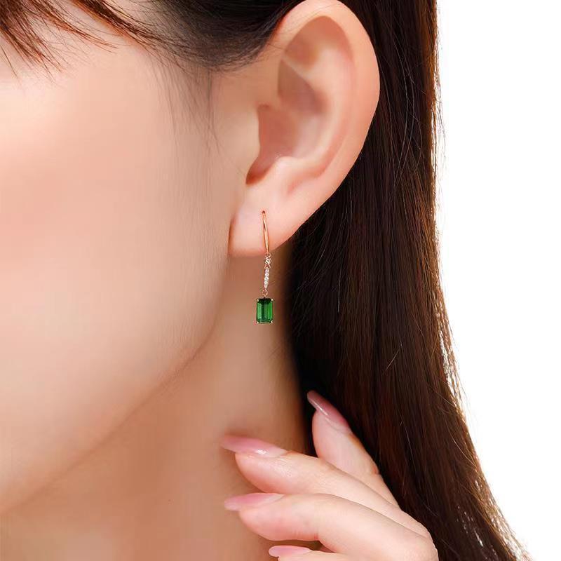 Natural Green Tourmaline Earrings Women's Gem Square Cute