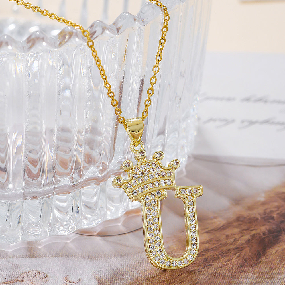Gold Diamond Crown Uppercase Letter Pendant Necklace